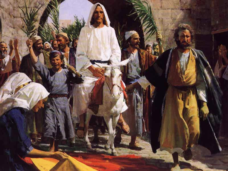 Jesus rides to Jerusalem on a donkey.jpg